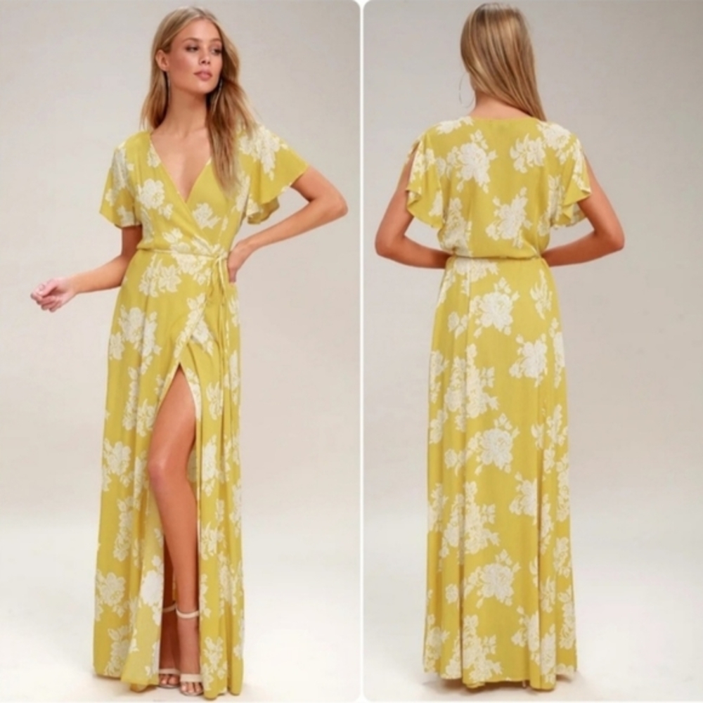 Lulus Womens Sz S  Heart of Marigold Yellow Floral Print Wrap Maxi Dress mustard